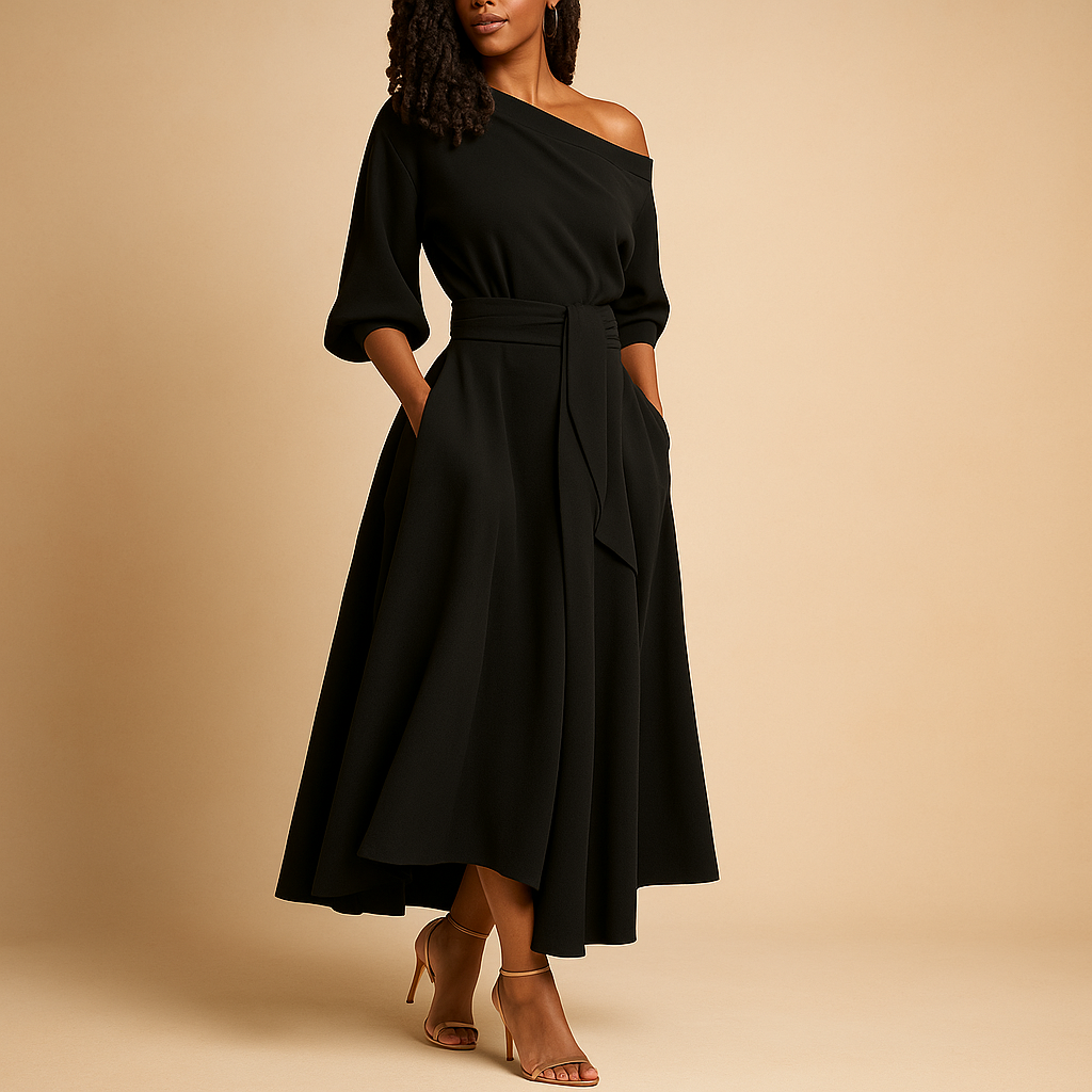 Elegant women’s dress with waistband for a flattering silhouette, ideal for casual outings, weddings, or parties. Available in multiple colors and sizes.