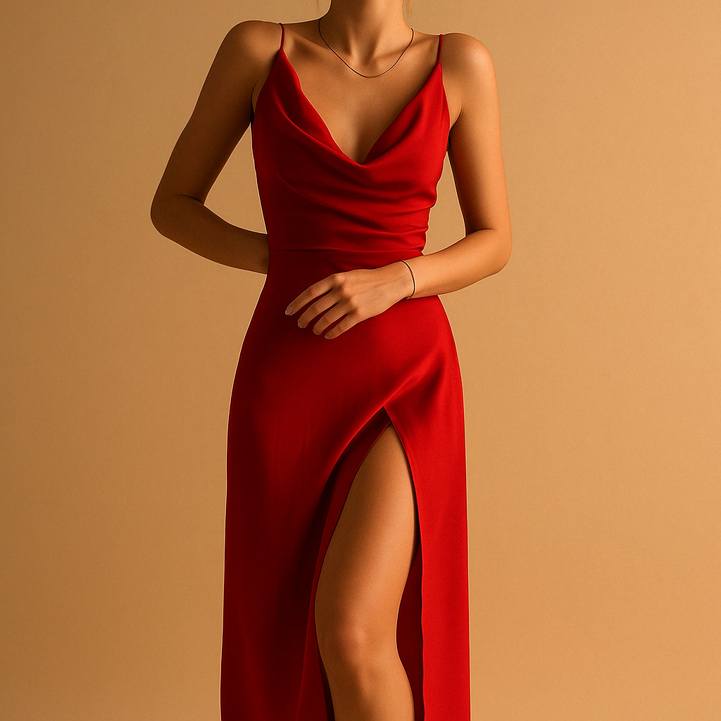 Women’s elegant flowing maxi dress with V-neck and invisible back zipper, perfect for weddings, galas, and formal occasions.