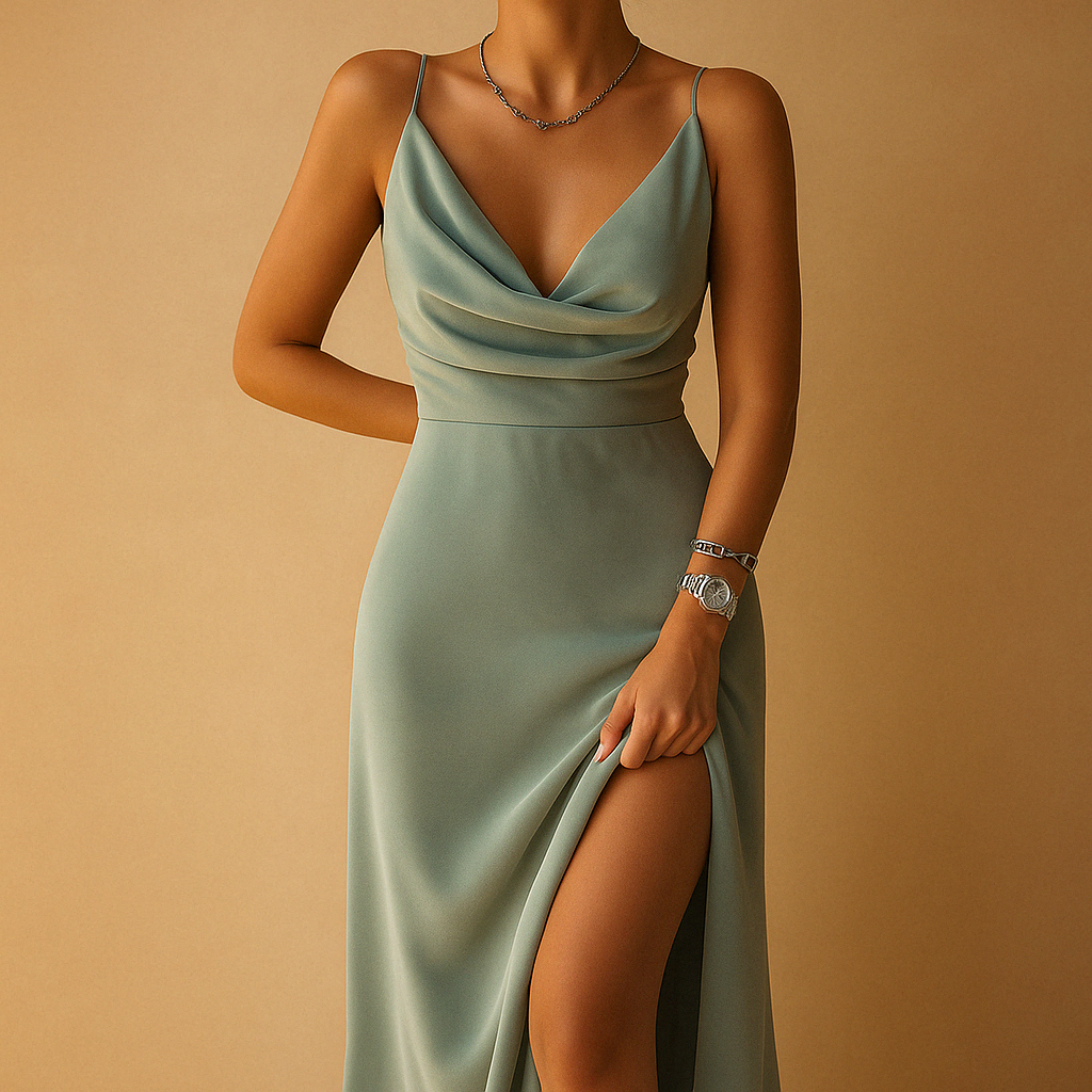 Women’s elegant flowing maxi dress with V-neck and invisible back zipper, perfect for weddings, galas, and formal occasions.