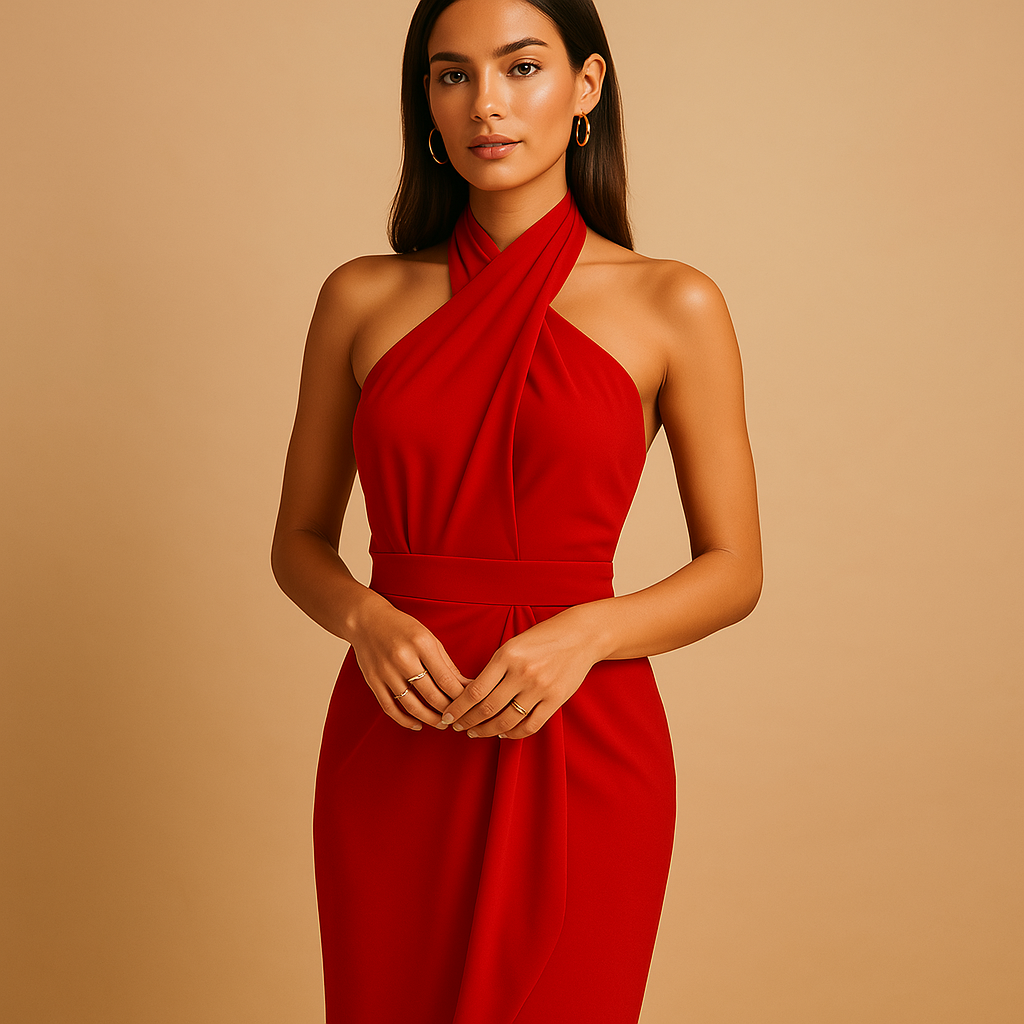 Elegant midi dress for women with square neckline, wide straps, and waist tie, ideal for work, weddings, parties, or casual outings.