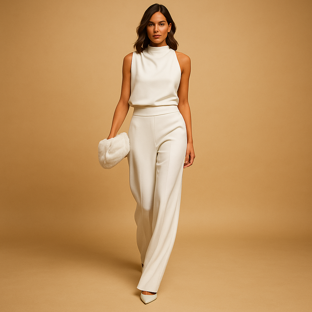 Women’s elegant halter jumpsuit with high waist, wide-leg silhouette, decorative tie, and side pockets. Perfect for parties and evenings out.