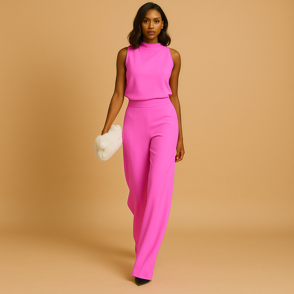 Women’s elegant halter jumpsuit with high waist, wide-leg silhouette, decorative tie, and side pockets. Perfect for parties and evenings out.