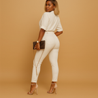 Women’s elegant jumpsuit with V-neck, collar, and half sleeves in a tailored fit. Ideal for work, evenings, and formal occasions.