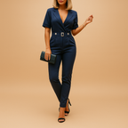 Women’s elegant jumpsuit with V-neck, collar, and half sleeves in a tailored fit. Ideal for work, evenings, and formal occasions.