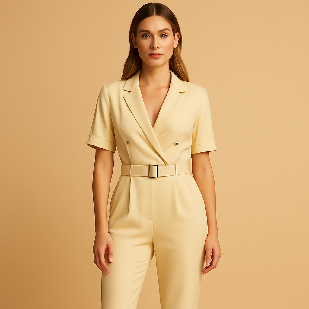 Women’s elegant jumpsuit with V-neck, collar, and half sleeves in a tailored fit. Ideal for work, evenings, and formal occasions.