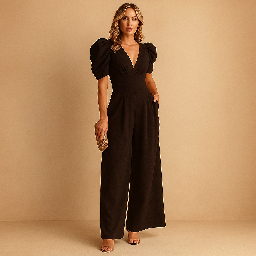 Women’s elegant long jumpsuit with tailored fit and flowing silhouette, available in peach, black, yellow, turquoise, and rose red. Ideal for formal occasions.