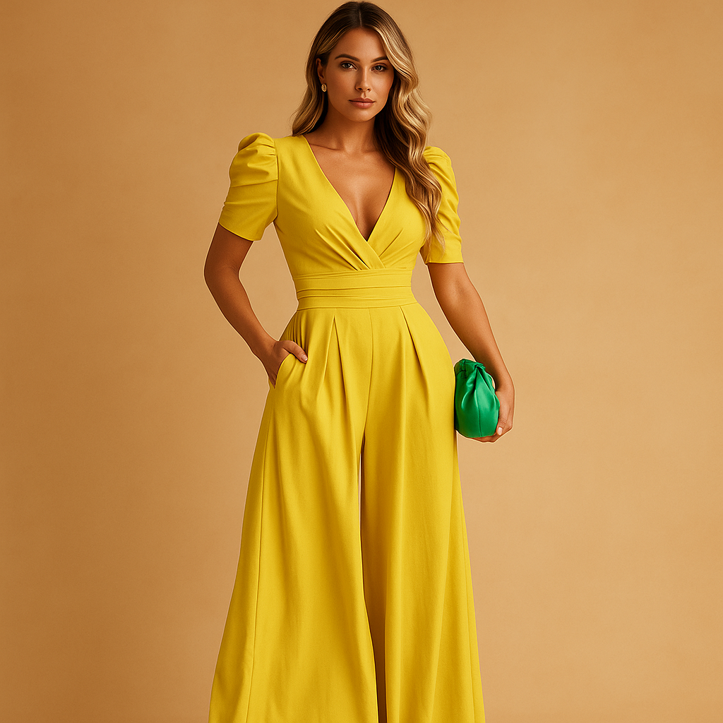 Women’s elegant long jumpsuit with tailored fit and flowing silhouette, available in peach, black, yellow, turquoise, and rose red. Ideal for formal occasions.