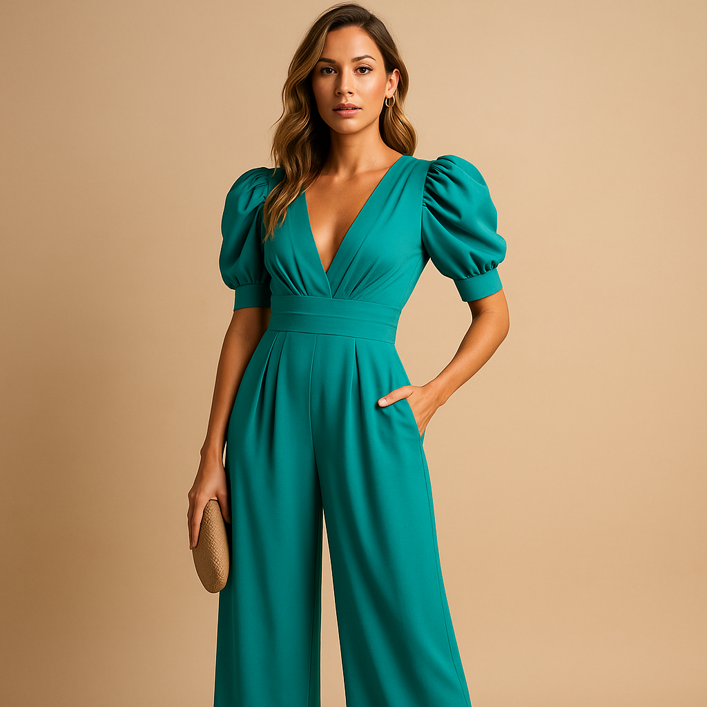 Women’s elegant long jumpsuit with tailored fit and flowing silhouette, available in peach, black, yellow, turquoise, and rose red. Ideal for formal occasions.