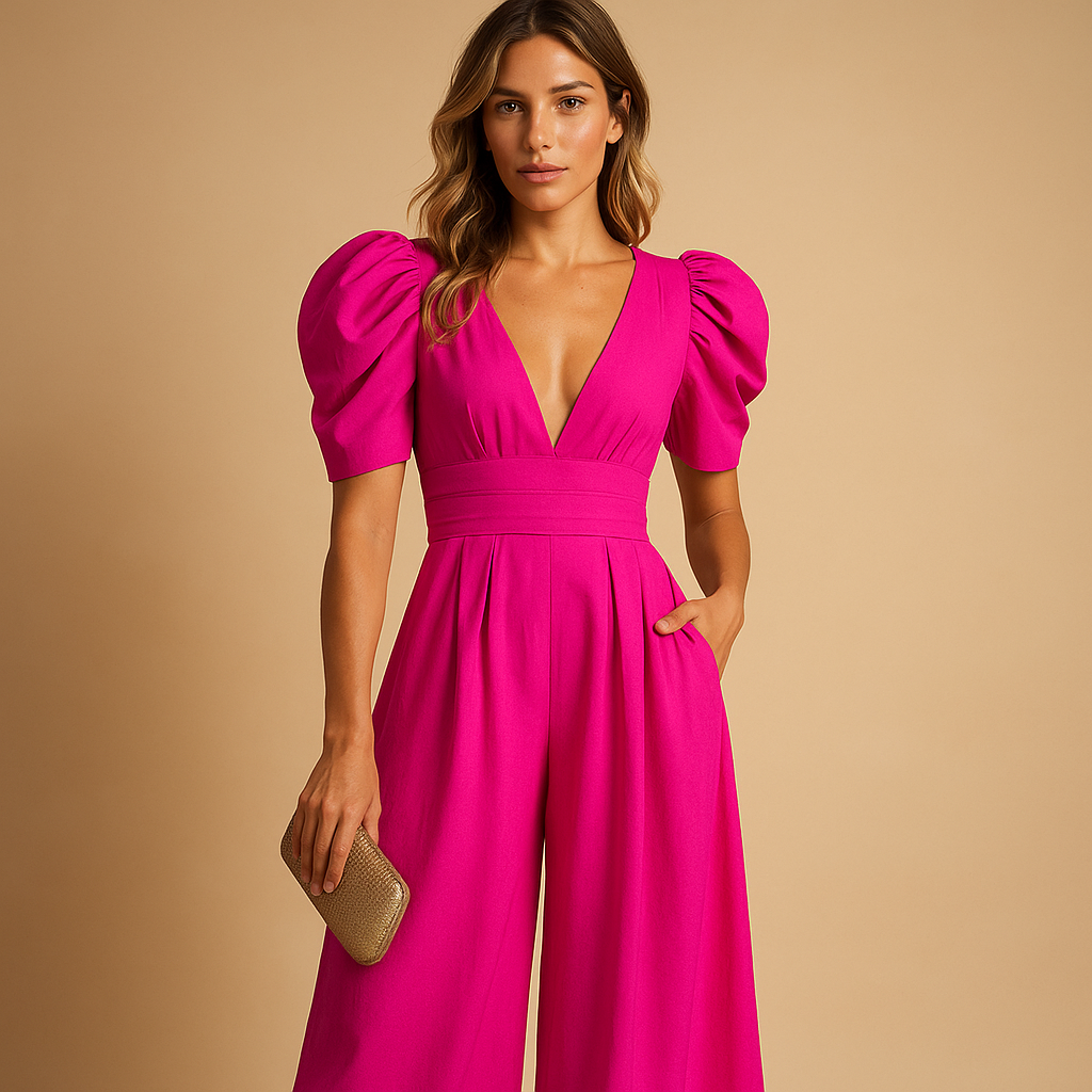 Women’s elegant long jumpsuit with tailored fit and flowing silhouette, available in peach, black, yellow, turquoise, and rose red. Ideal for formal occasions.