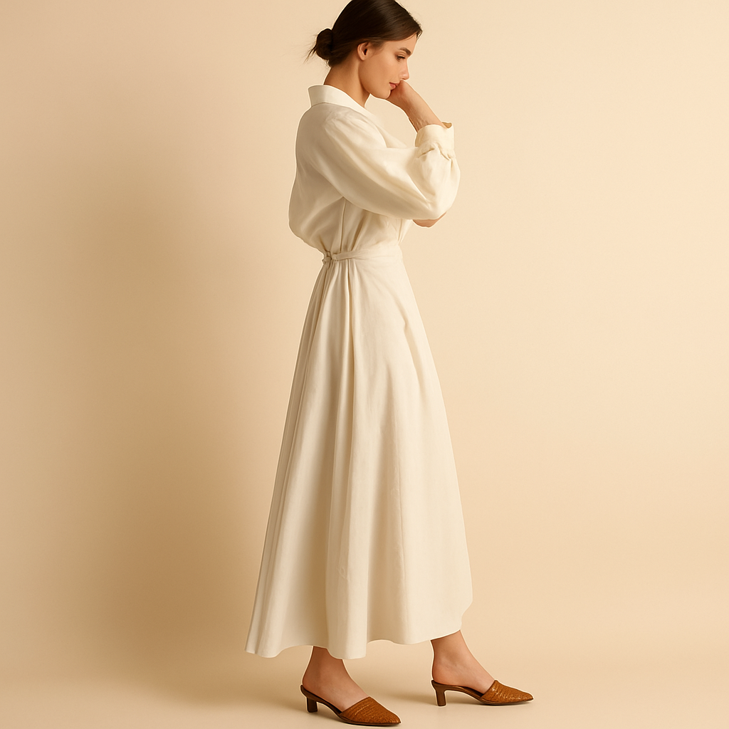 Elegant maxi dress for women with long sleeves, V-neckline, and bold print, perfect for formal events or casual gatherings.