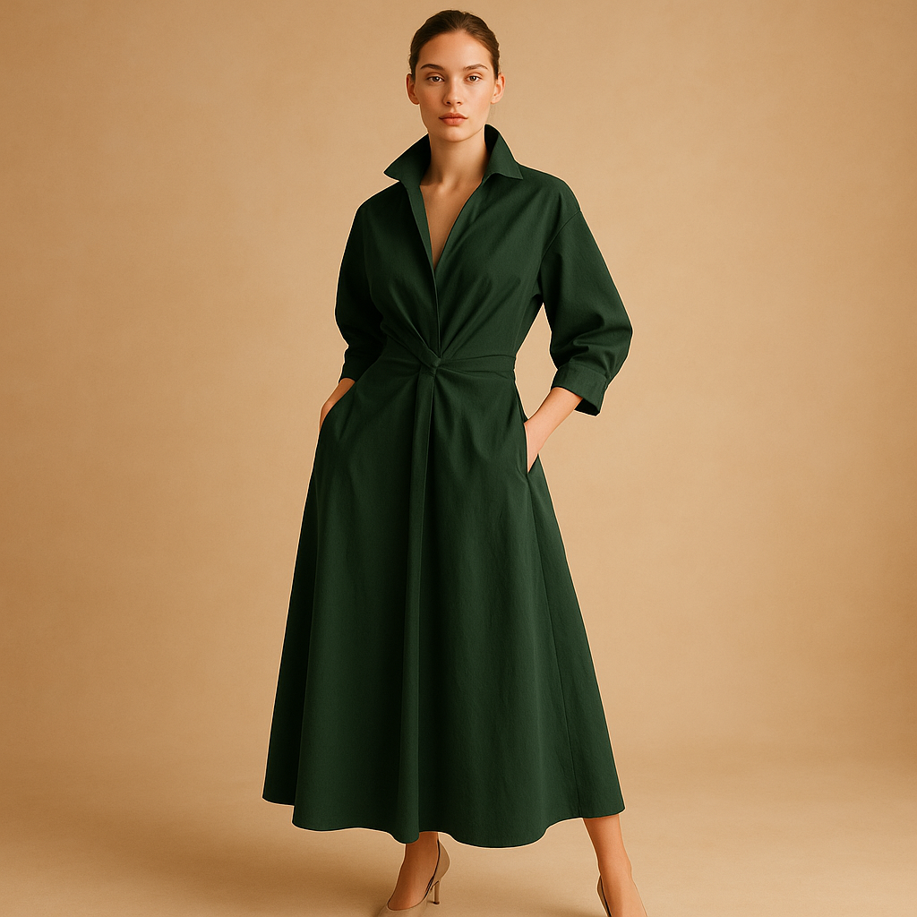 Elegant maxi dress for women with long sleeves, V-neckline, and bold print, perfect for formal events or casual gatherings.