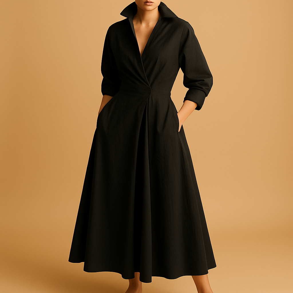 Elegant maxi dress for women with long sleeves, V-neckline, and bold print, perfect for formal events or casual gatherings.