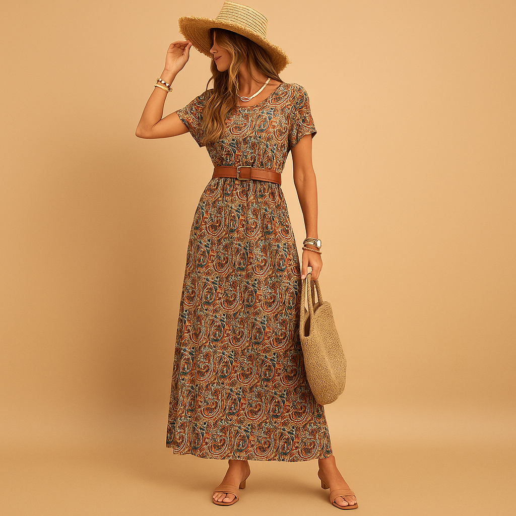 Women’s maxi dress with V-neck, elastic waist and belt, perfect for work, holidays, parties, and casual outings.
