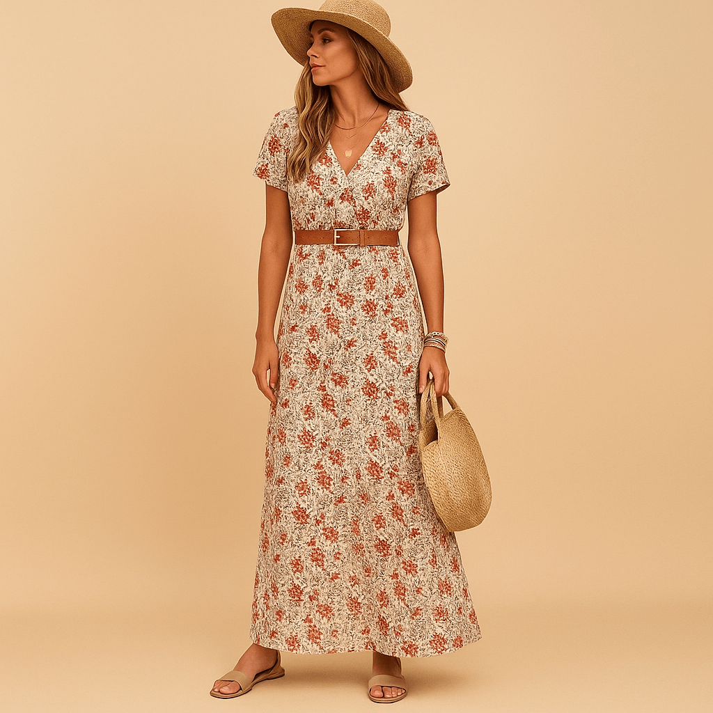 Maxi dress with V-neck for women | Sophia-Dresses-Darling Fashion-Beige-XS-Darling Fashion