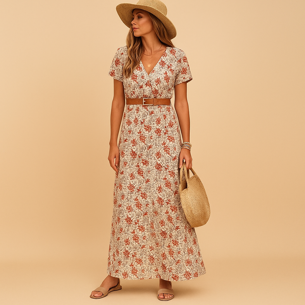 Women’s maxi dress with V-neck, elastic waist and belt, perfect for work, holidays, parties, and casual outings.