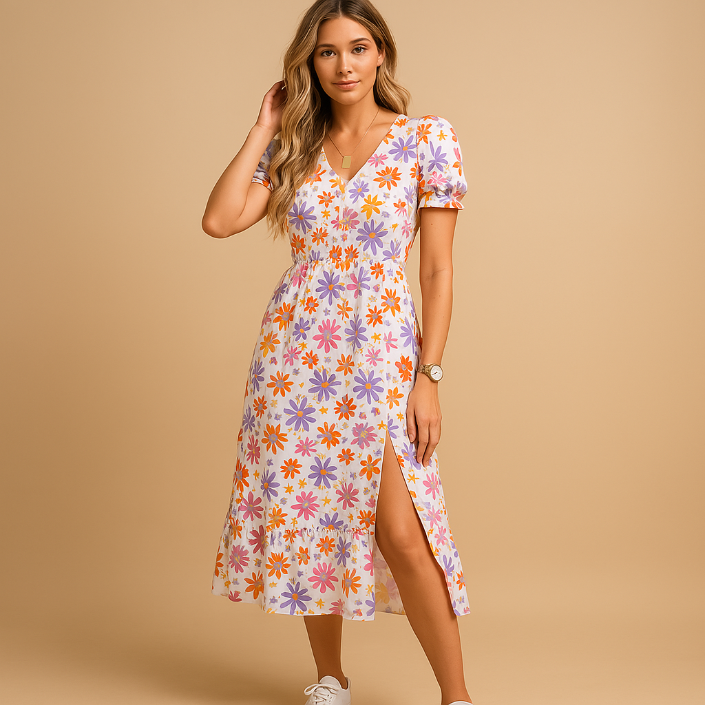 Elegant maxi dress for women with V-neck and flowy slit skirt, available in vibrant colors. Perfect for summer, vacations, and casual occasions.