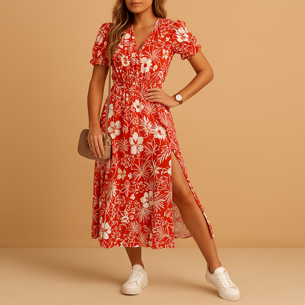 Elegant maxi dress for women with V-neck and flowy slit skirt, available in vibrant colors. Perfect for summer, vacations, and casual occasions.