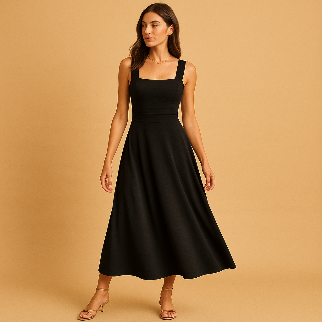 Elegant midi dress for women with square neckline, wide straps, and lace-up waist. A versatile outfit for work, weddings, parties, or casual occasions.