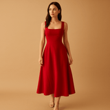 Elegant midi dress with square neckline for women | Clara-Dresses-Darling Fashion-Red-S-Darling Fashion