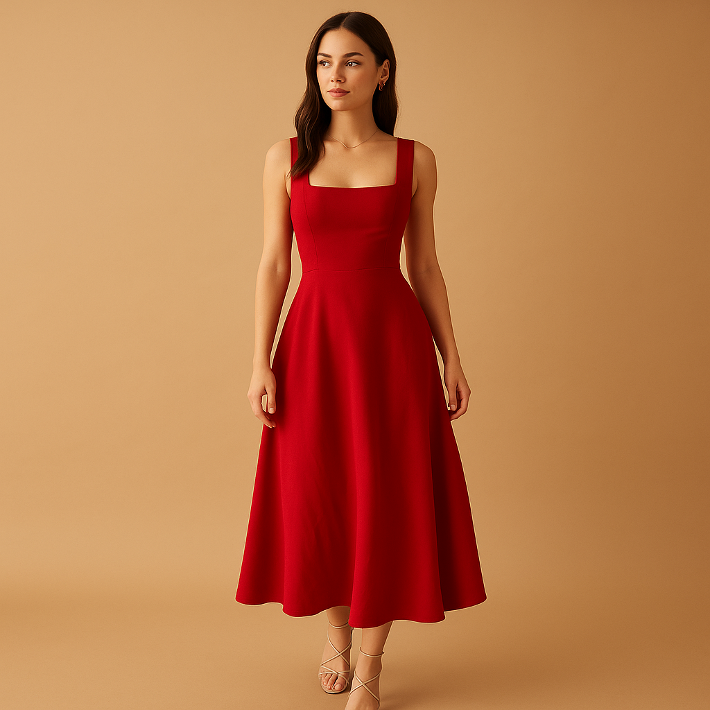 Elegant midi dress for women with square neckline, wide straps, and lace-up waist. A versatile outfit for work, weddings, parties, or casual occasions.