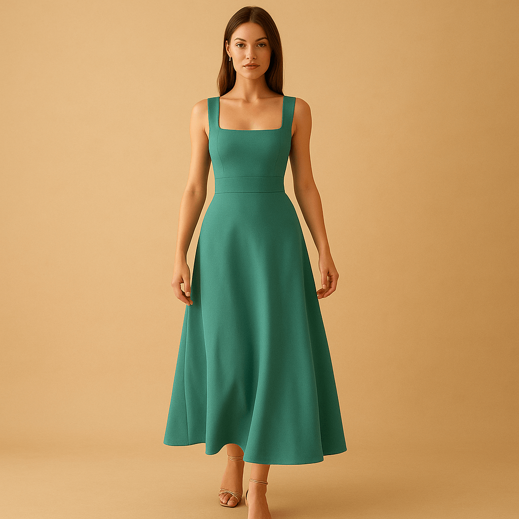 Elegant midi dress with square neckline for women | Clara-Dresses-Darling Fashion-Green-S-Darling Fashion