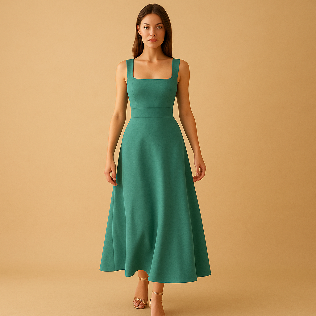 Elegant midi dress for women with square neckline, wide straps, and lace-up waist. A versatile outfit for work, weddings, parties, or casual occasions.