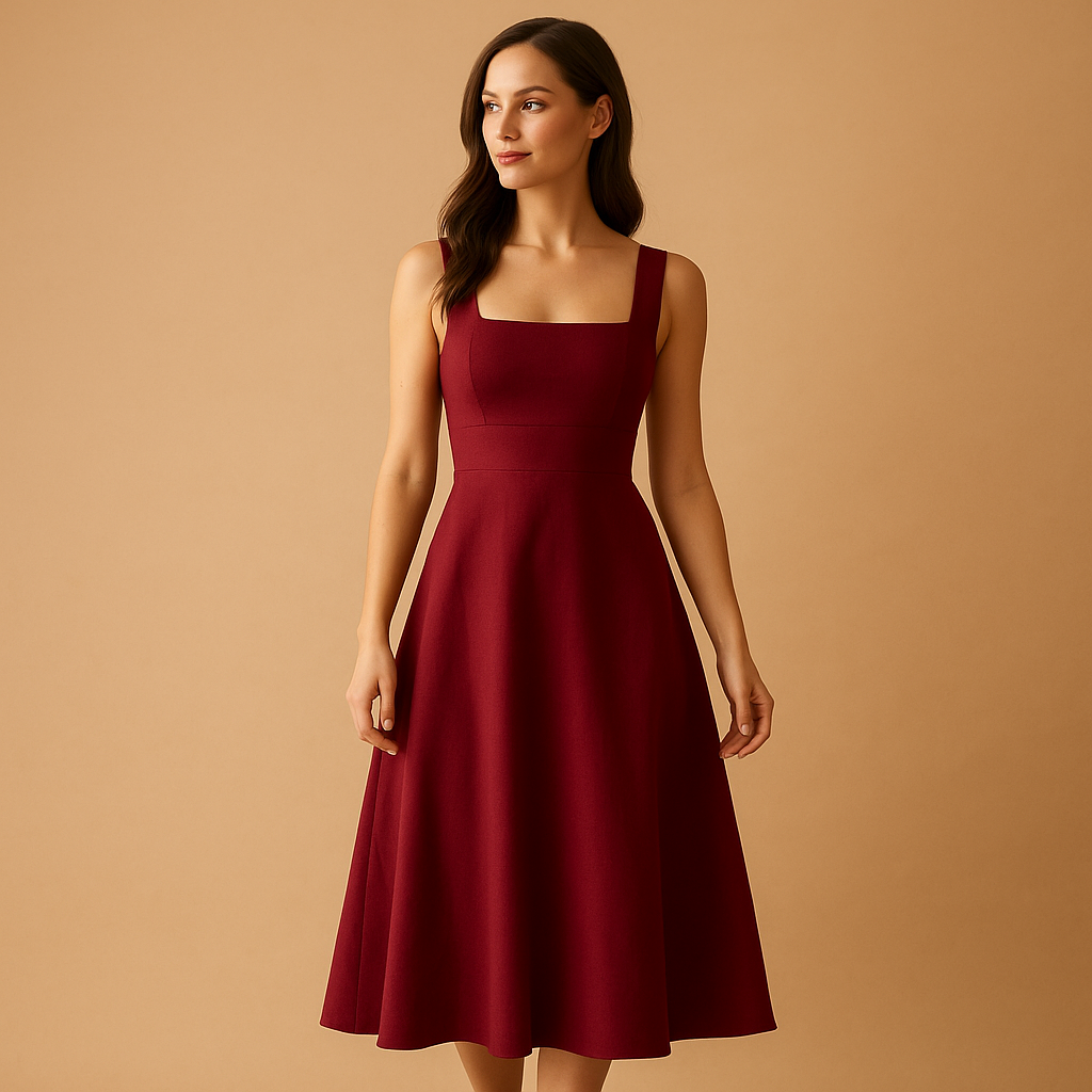 Elegant midi dress for women with square neckline, wide straps, and lace-up waist. A versatile outfit for work, weddings, parties, or casual occasions.