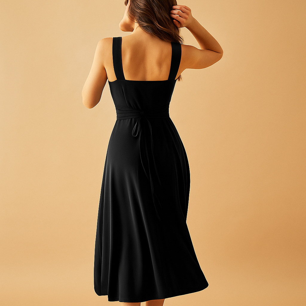 Elegant midi dress for women with square neckline, wide straps, and lace-up waist. A versatile outfit for work, weddings, parties, or casual occasions.