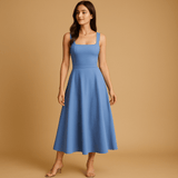 Elegant midi dress with square neckline for women | Clara-Dresses-Darling Fashion-Blue-S-Darling Fashion