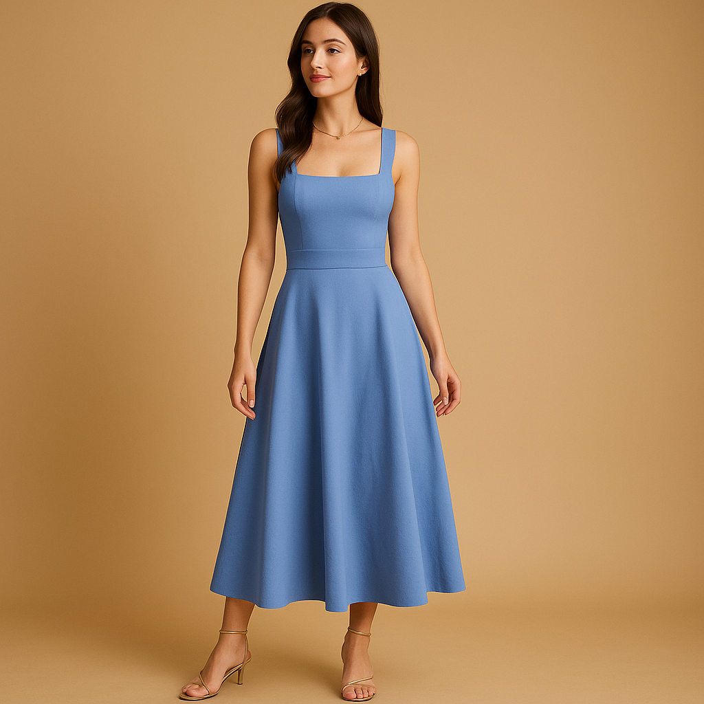 Elegant midi dress for women with square neckline, wide straps, and lace-up waist. A versatile outfit for work, weddings, parties, or casual occasions.