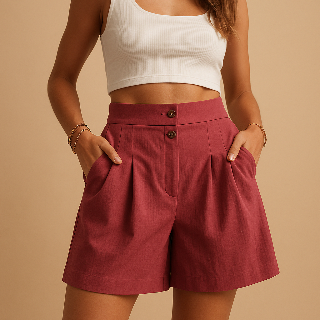 Elegant shorts with button detail for women | Aurora-Trousers-Darling Fashion-Red-S-Darling Fashion