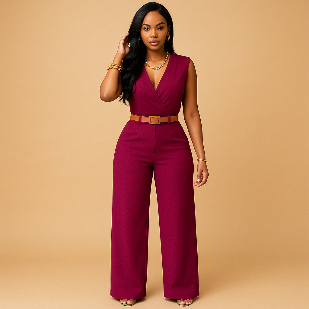 Elegant V-neck jumpsuit for women | Sophia-Jumpsuits-Darling Fashion-Rose Red-XS-Darling Fashion