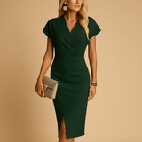 Elegant V-neck midi dress with front slit for women | Sophia-Dresses-Darling Fashion-Green-S-Darling Fashion