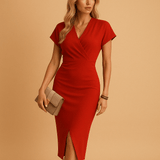 Elegant V-neck midi dress with front slit for women | Sophia-Dresses-Darling Fashion-Red-S-Darling Fashion