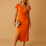 Elegant V-neck midi dress with front slit for women | Sophia-Dresses-Darling Fashion-Orange-S-Darling Fashion
