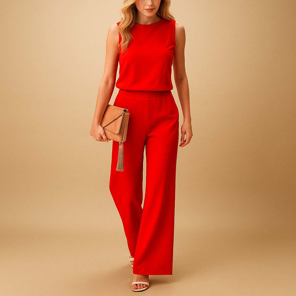Women’s elegant wide leg jumpsuit with round neckline and mid-waist fit, available in pink, red, blue, and black. Ideal for work or special occasions.