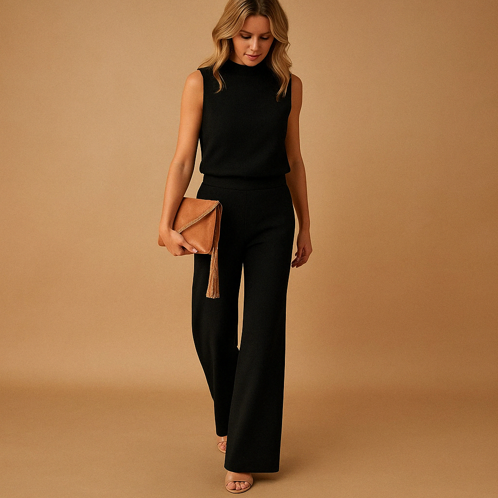 Women’s elegant wide leg jumpsuit with round neckline and mid-waist fit, available in pink, red, blue, and black. Ideal for work or special occasions.