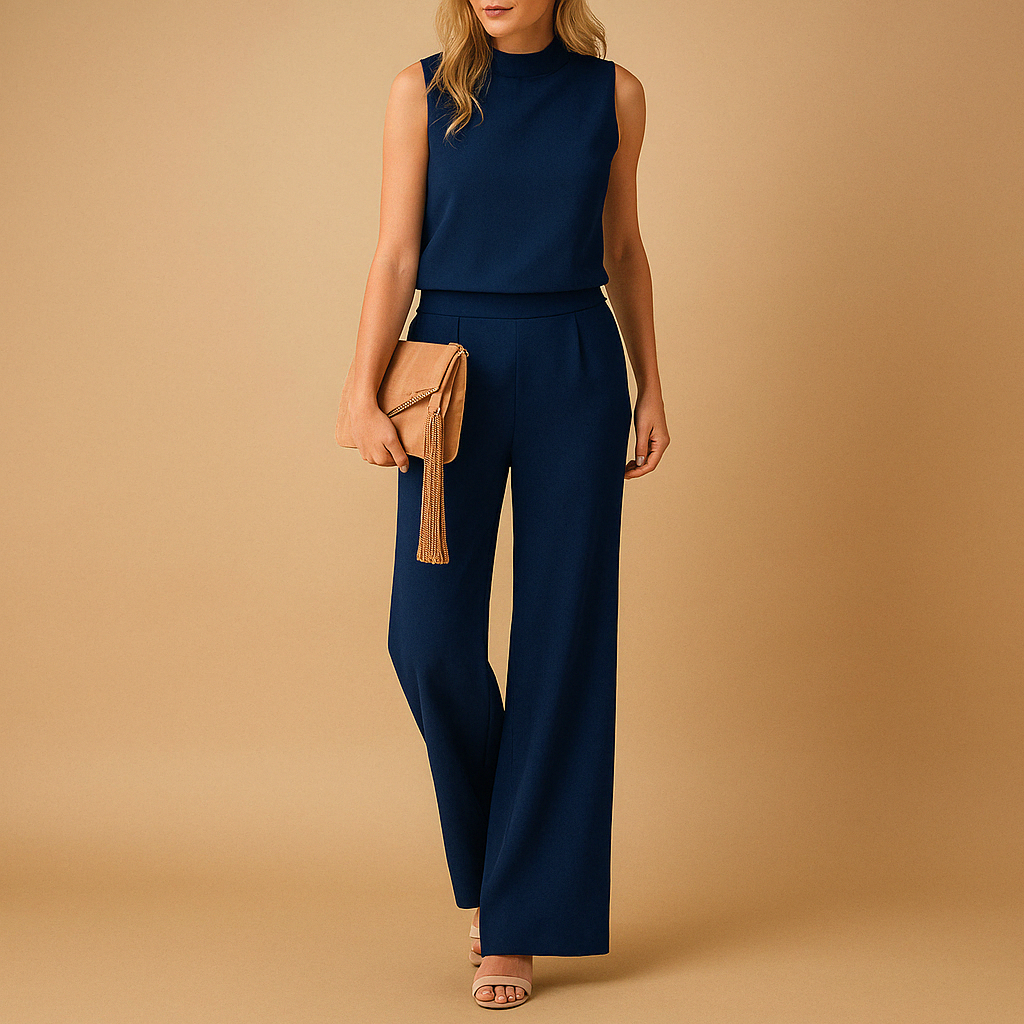 Women’s elegant wide leg jumpsuit with round neckline and mid-waist fit, available in pink, red, blue, and black. Ideal for work or special occasions.