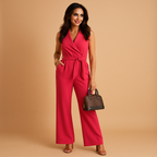 Women’s elegant wrap jumpsuit with tailored waist and wide-leg design, available in white, black, khaki, and pink. Ideal for business, formal, and stylish occasions.
