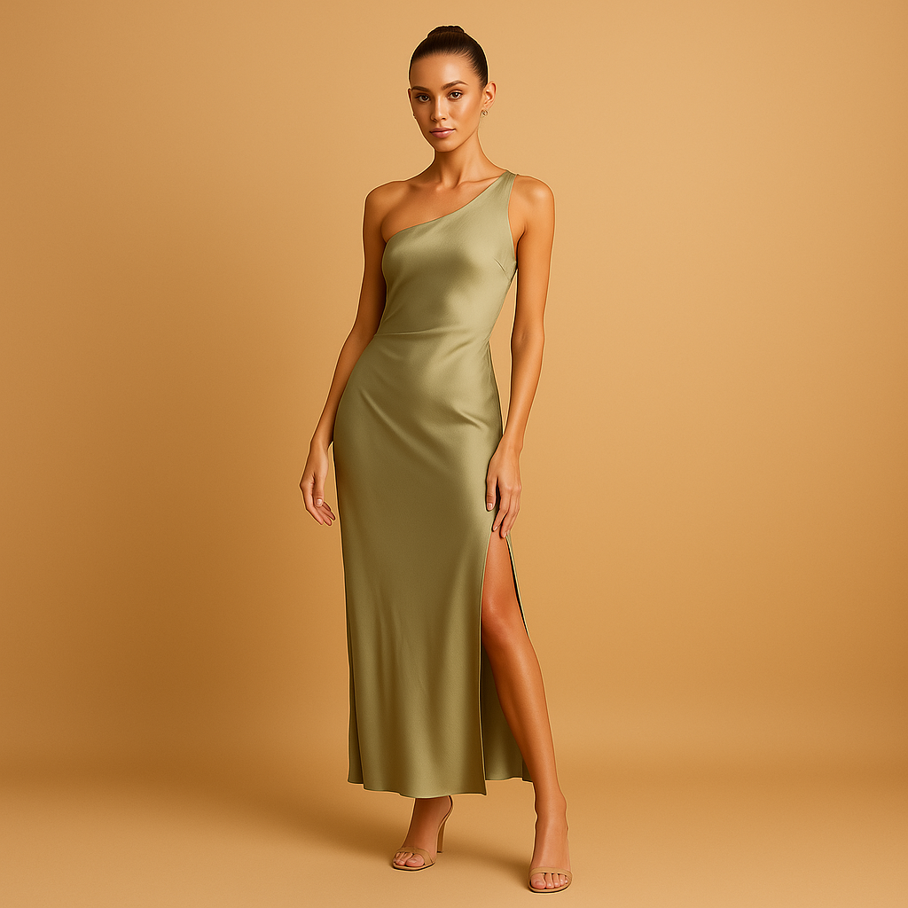 Women’s evening dress with asymmetrical slit and elegant fit, perfect for galas, parties, and formal occasions.