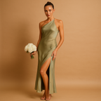 Women’s evening dress with asymmetrical slit and elegant fit, perfect for galas, parties, and formal occasions.