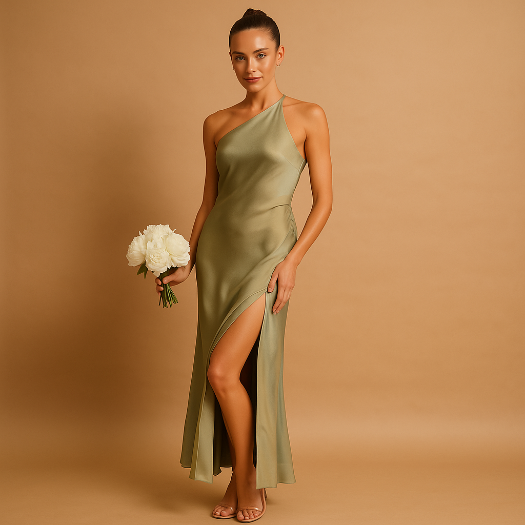 Women’s evening dress with asymmetrical slit and elegant fit, perfect for galas, parties, and formal occasions.