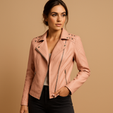 Faux leather jacket for women with stand collar | Aurora-Jackets-Darling Fashion-Pink-S-Darling Fashion