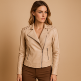 Faux leather jacket for women with stand collar | Aurora-Jackets-Darling Fashion-Khaki-S-Darling Fashion