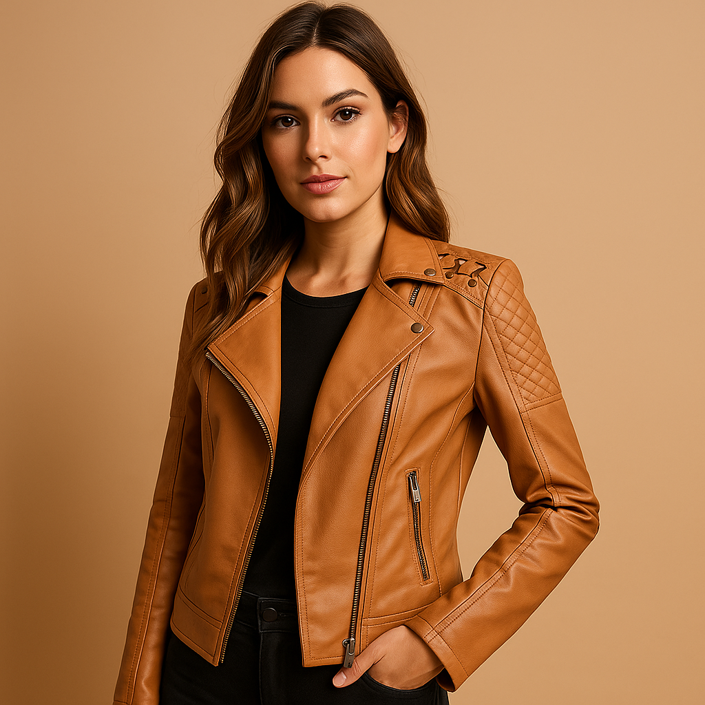 Faux leather jacket for women with stand collar | Aurora-Jackets-Darling Fashion-Brown-S-Darling Fashion