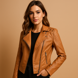 Faux leather jacket for women with stand collar | Aurora-Jackets-Darling Fashion-Brown-S-Darling Fashion