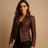 Faux leather jacket for women with stand collar | Aurora-Jackets-Darling Fashion-Coffee-S-Darling Fashion
