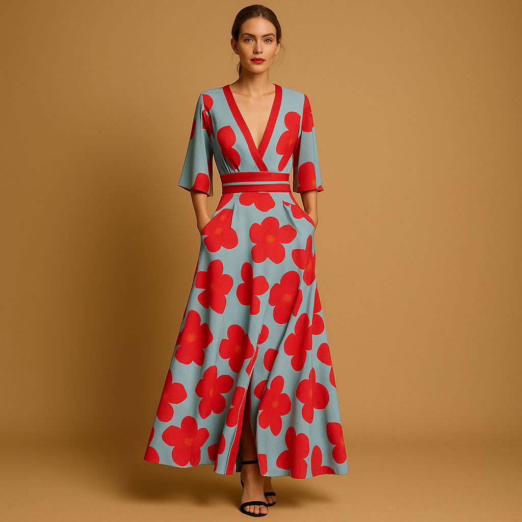 Floral maxi dress for women with deep V-neckline, tailored waist, flowy skirt, and side pockets. Perfect for spring, summer, parties, and casual wear.