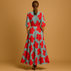 Floral maxi dress for women with deep V-neckline, tailored waist, flowy skirt, and side pockets. Perfect for spring, summer, parties, and casual wear.