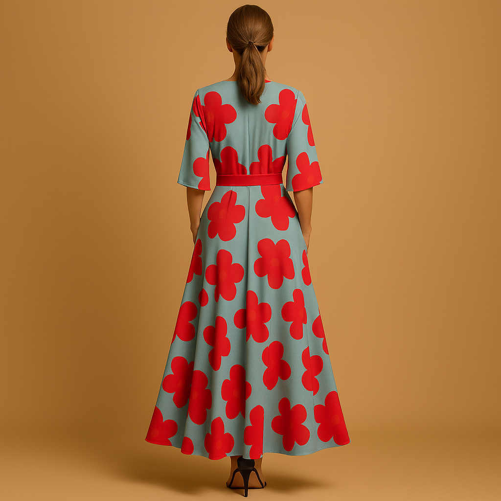 Floral maxi dress for women with deep V-neckline, tailored waist, flowy skirt, and side pockets. Perfect for spring, summer, parties, and casual wear.